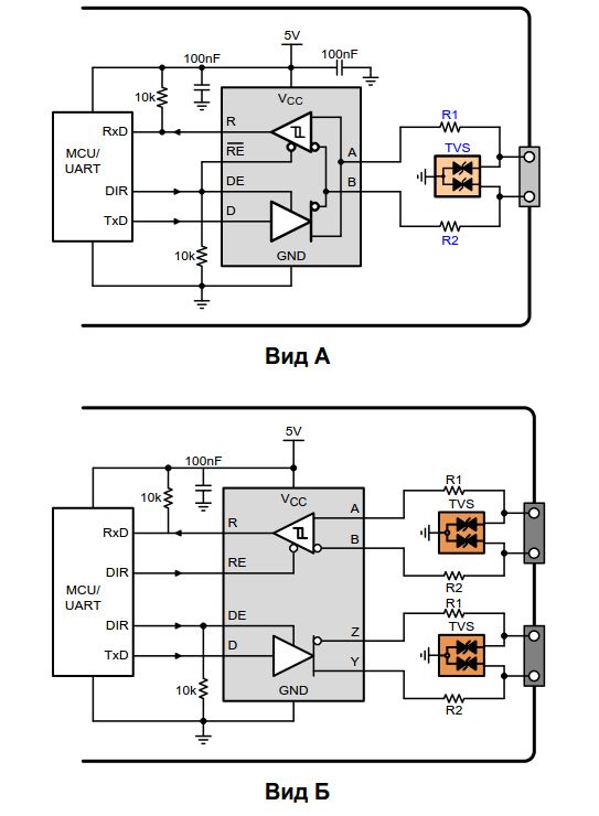 Приемопередатчики RS-485. Схема подключения полудуплексного (А) и полнодуплексного (Б) вариантов