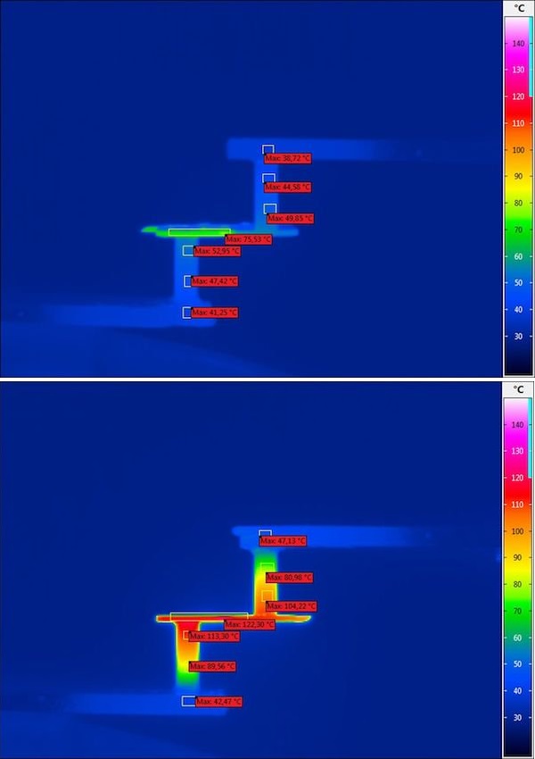 Сравнение тепловыделения в резисторе с использованием болтов ISA-CON®450 (рисунок выше) и стальных болтов (рисунок ниже) при токе 300 А в виде инфракрасного изображения