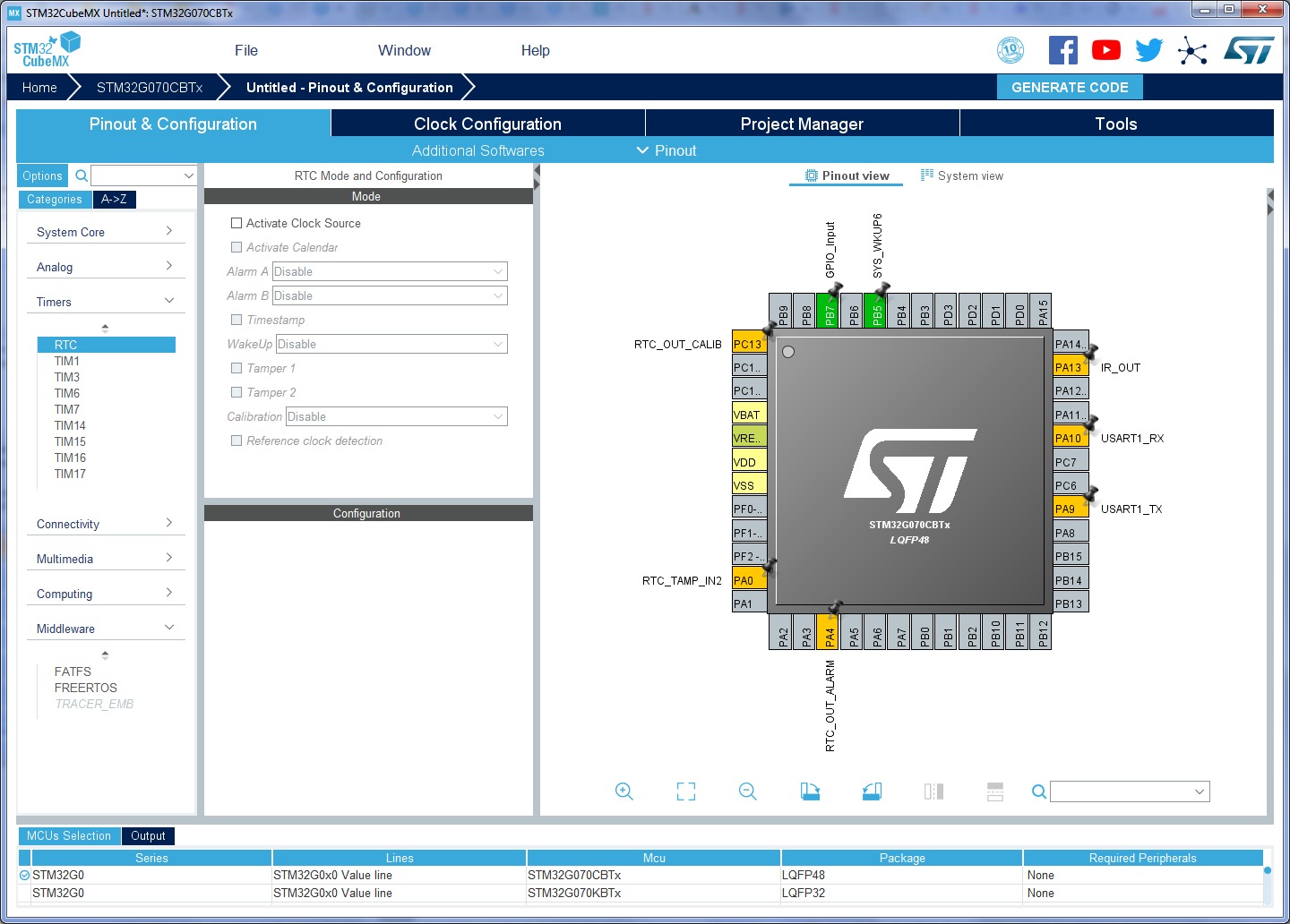 Конфигурирование микроконтроллеров STM32G0 в STM32CubeMX